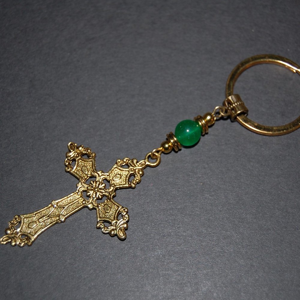 Cross Keychain,Golden Cross Keyring,Jade Bead,Prayer Keychain,Christian Keyring